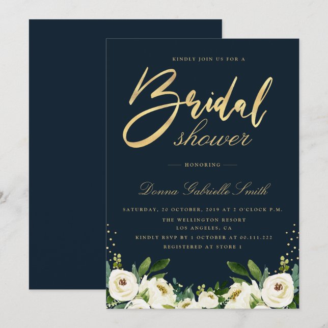 Invitación dorado guión marfil floral blanca ducha de novia m (Anverso / Reverso)