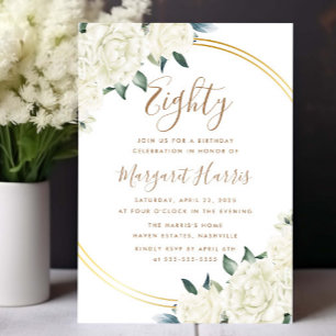 Invitación Dorado Ivory Floral Greenery 80th Ochenta cumpleañ