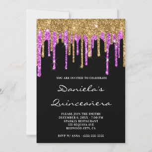 Invitación Dorado Magenta Brillo Gotea Quinceañera Negra