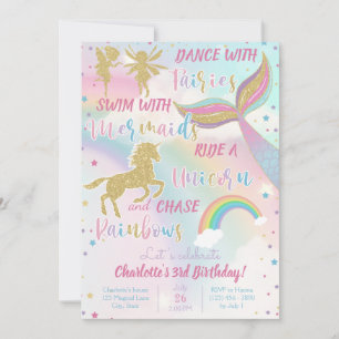 Invitación Dorado Magnífico Unicornio Sirenita Cumpleaños