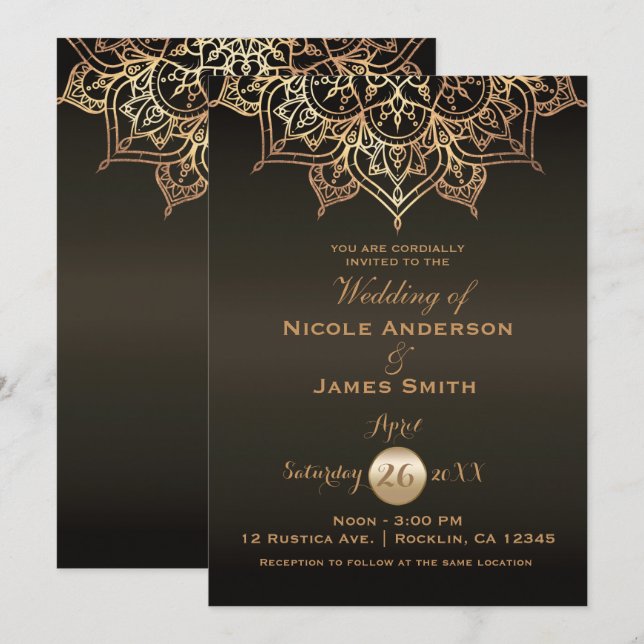 Invitación Dorado Mandala Brown Bronce elegante moderna Boda (Anverso / Reverso)