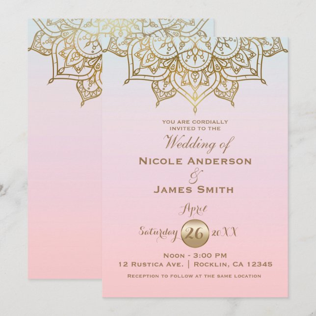 Invitación Dorado Mandala Peach Peach Modern Elegant Wedding (Anverso / Reverso)