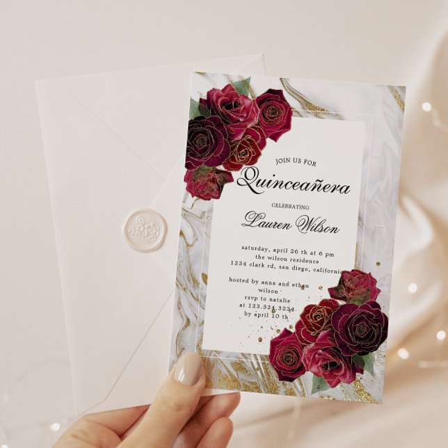 Invitación Dorado Marble Rojo Roses Floral Quinceanera (Subido por el creador)