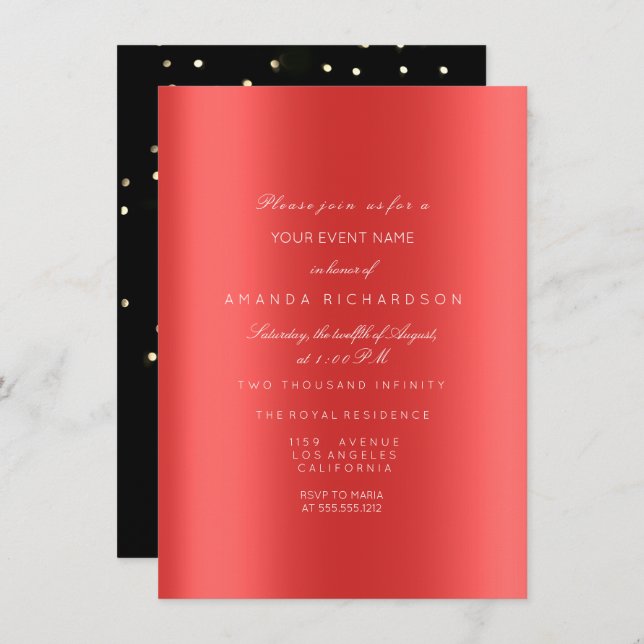 Invitación Dorado Metálico Brillante Confeti Negro Rojo Rubí (Anverso / Reverso)