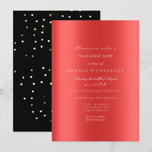 Invitación Dorado Metálico Brillante Negro Confeti Rojo Rubí (Anverso / Reverso)