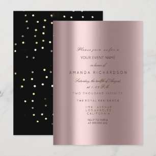 Invitación Dorado Metálico Brillante Negro Confeti Rosa Malva