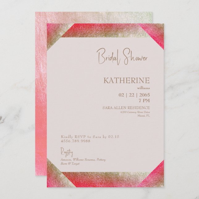 Invitación Dorado metálico de moda y ducha de novia rosa (Anverso / Reverso)