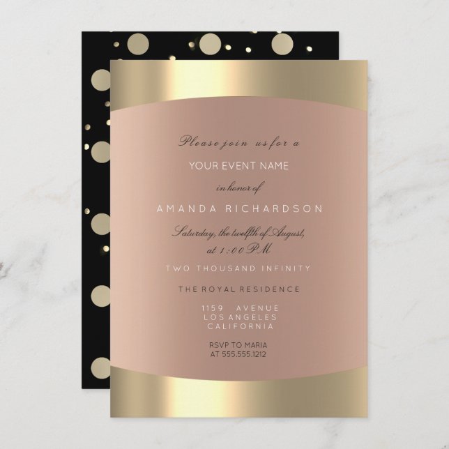 Invitación Dorado Metálico Lunares Negros Rubor Rosa Sepia (Anverso / Reverso)