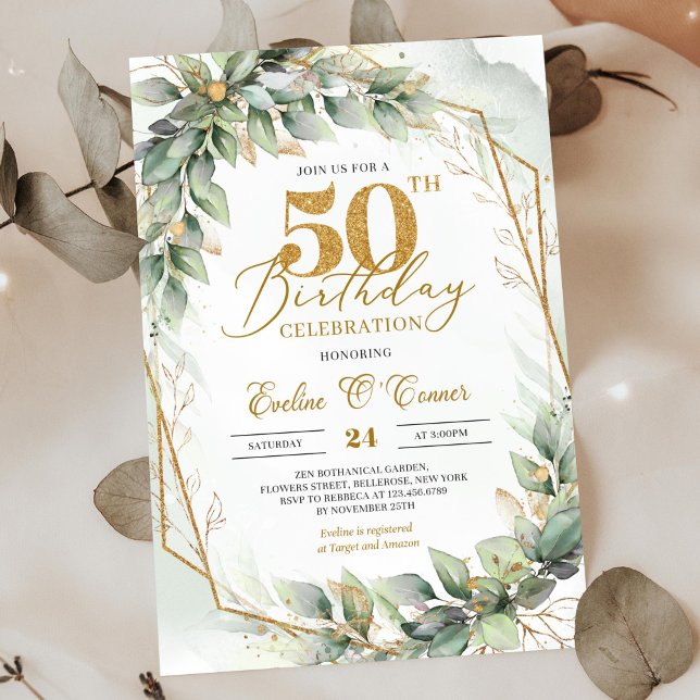 Invitación Dorado moderno de hojas de vegetación botánica 50  (Bohemian green eucalyptus and gold frame 50th birthday invitation digital)