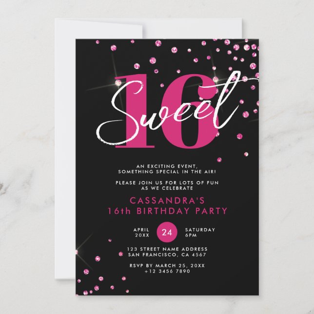Invitación Dorado moderno Rosa y dulce negro Dieciséis cumple (Anverso)