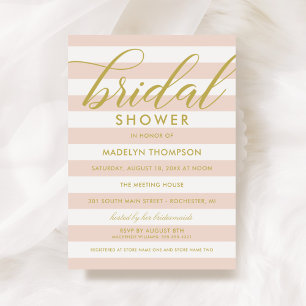 Invitación Dorado moderno y ducha de novia con franjas rosada