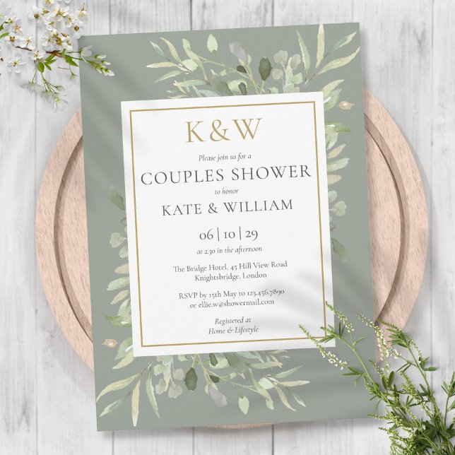 Invitación Dorado Monograma Verdor Sage Green Couples Ducha (Subido por el creador)