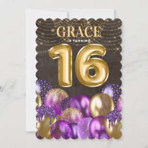 Invitación Dorado Morado Dulce Dieciséis Cumpleaños