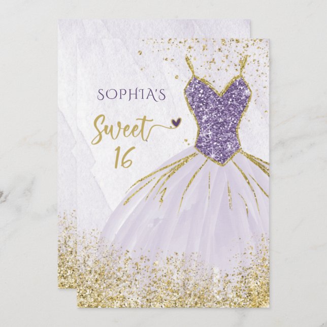 Invitación Dorado morado Esparkle Vestido dulce 16 cumpleaños (Anverso / Reverso)