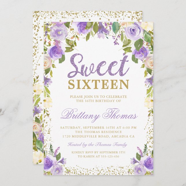 Invitación Dorado Morado Floral Dulce Dieciséis Cumpleaños (Anverso / Reverso)