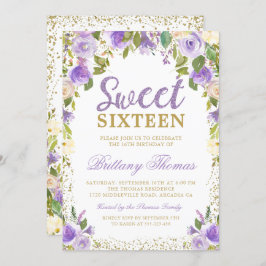 Invitación Dorado Morado Floral Dulce Dieciséis Cumpleaños