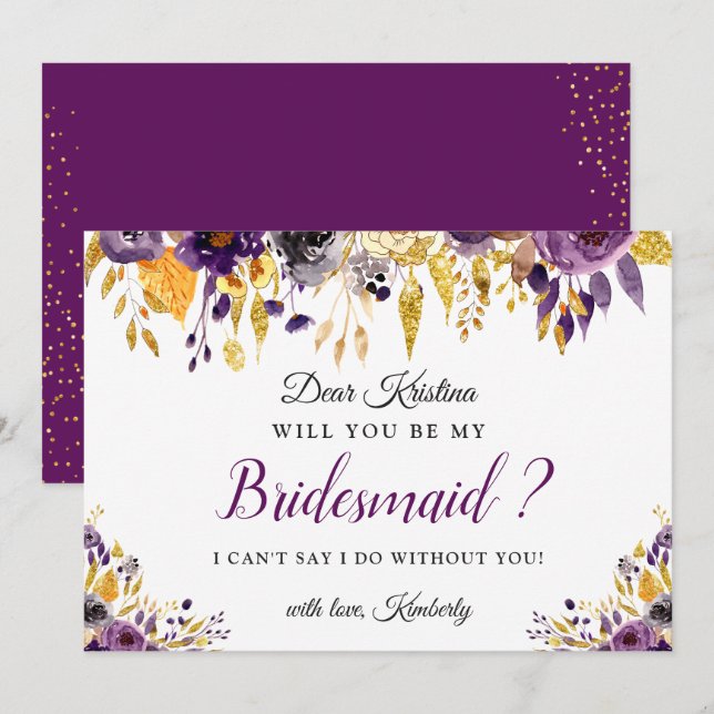 Invitación Dorado Morado Floral Serás Mi Novia (Anverso / Reverso)