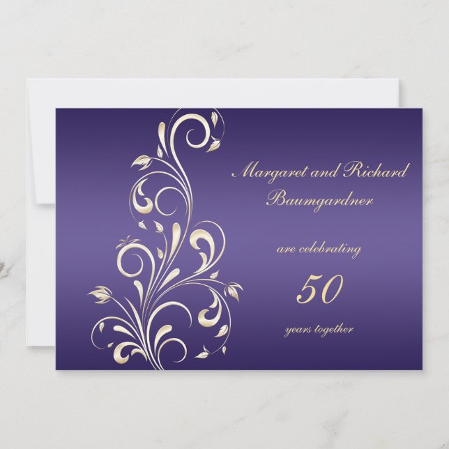 Invitación Dorado Morado Swirls 50 Aniversario del Boda (Anverso)