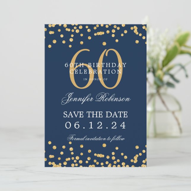 Invitación Dorado Navy Blue 60th Birthday Save the Date Detai (Anverso de pie)