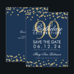 Invitación Dorado Navy Blue 90th Birthday Save Date Confetti<br><div class="desc">Elegante diseño de "Nochevieja fiesta de cumpleaños" con Purpurina de Faux de oro de la Marina Confetti Azul y nombre personalizado y texto de detalles. Fácil de usar y fácil de personalizar. ¡No te quedes sin el tuyo!</div>