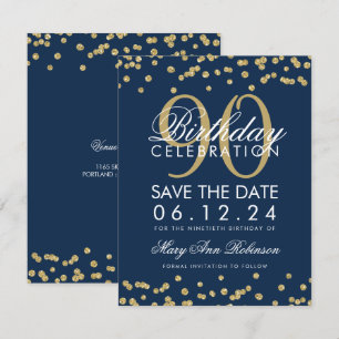 Invitación Dorado Navy Blue 90th Birthday Save Date Confetti