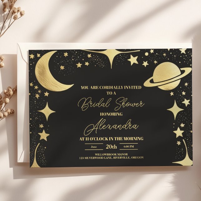 Invitación Dorado negro Celestial Crescent Moon Bridal Shower (Subido por el creador)