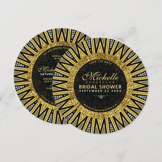 Invitación Dorado negro Diamante Art Deco Glam Bridal Ducha (Anverso / Reverso)