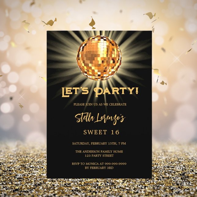Invitación Dorado negro fiesta Disco Dulce 16 (Subido por el creador)