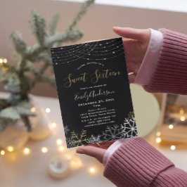 Invitación Dorado negro invierno Plata Snowflake Sweet 16