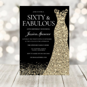 Invitación Dorado negro vestido 60 y fabuloso 60 cumpleaños