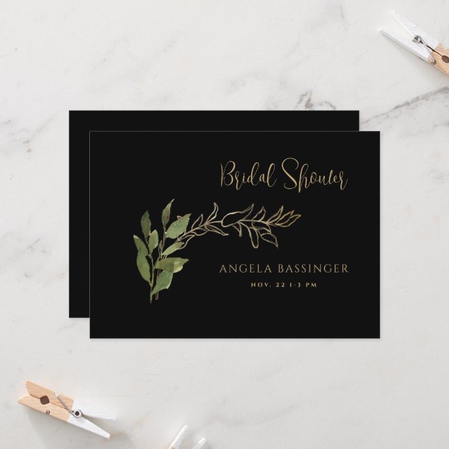 Invitación Dorado negro y ducha de novia de follaje verde (Anverso/Reverso In Situ)