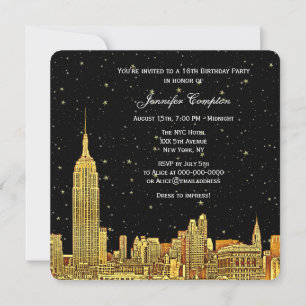 Invitación Dorado NYC Silueta Grabada Cielo Estrellado SQ Dul