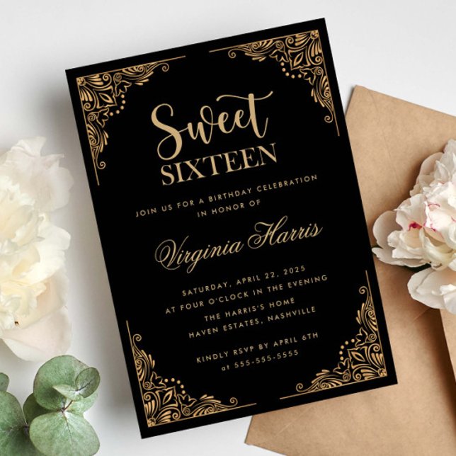 Invitación Dorado Ornate Border Black Sweet 16 Cumpleaños (Subido por el creador)