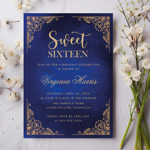 Invitación Dorado Ornate Border Blue Sweet 16 Cumpleaños