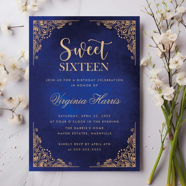 Invitación Dorado Ornate Border Blue Sweet 16 Cumpleaños (Subido por el creador)