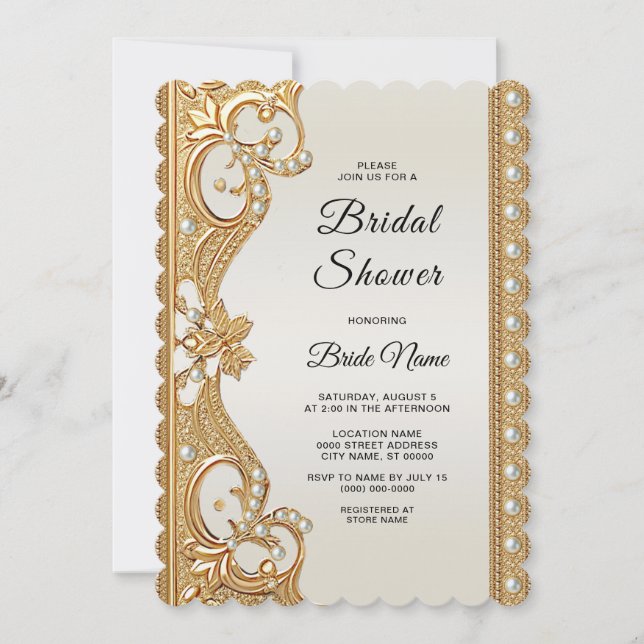 Invitación Dorado Ornate White Pearls Bridal Shower (Anverso)