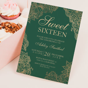 Invitación Dorado oscuro verde floral elegante Dulce dieciséi