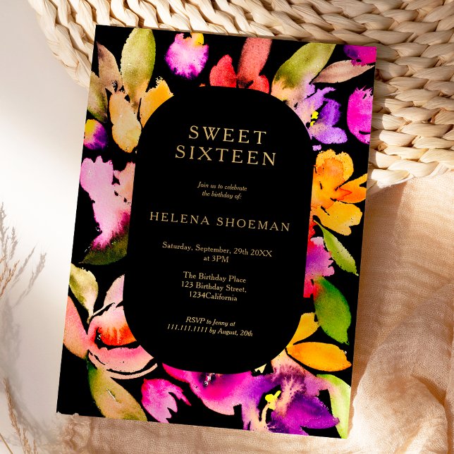 Invitación Dorado otoño floral de gran tamaño Acuarela dulce  (Bold fall oversize floral watercolor Sweet 16 Invitation on black)