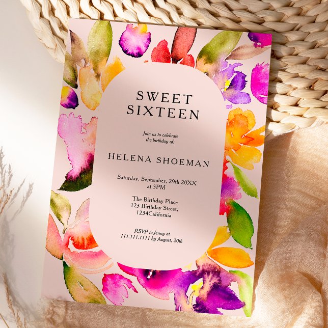 Invitación Dorado otoño floral de gran tamaño Acuarela dulce  (Bold fall oversize floral watercolor Sweet 16 Invitation on pastel pink)