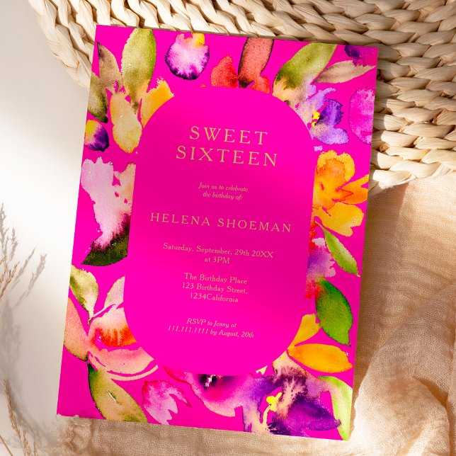 Invitación Dorado otoño floral de gran tamaño Acuarela dulce  (Bold fall oversize floral watercolor Sweet 16 Invitation on neon pink)
