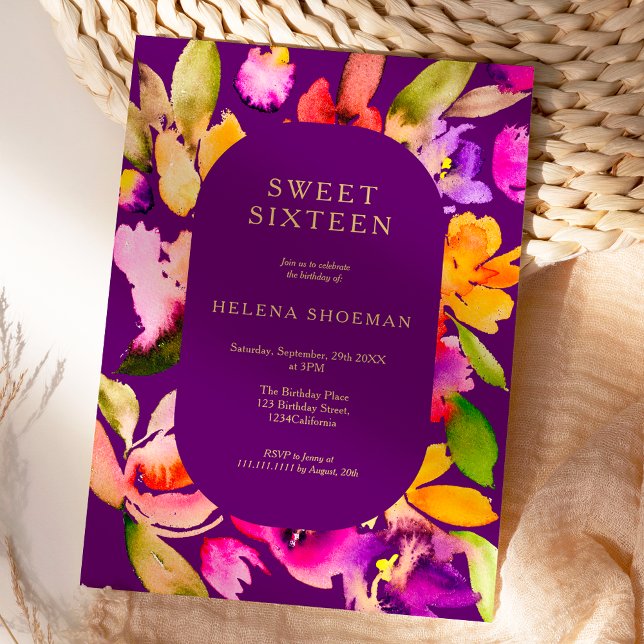 Invitación Dorado otoño floral de gran tamaño Acuarela dulce  (Bold fall oversize floral watercolor Sweet 16 Invitation on purple)