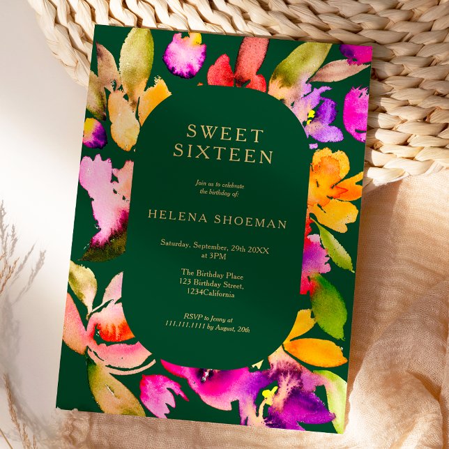 Invitación Dorado otoño floral de gran tamaño Acuarela dulce  (Bold fall oversize floral watercolor Sweet 16 Invitation on green)