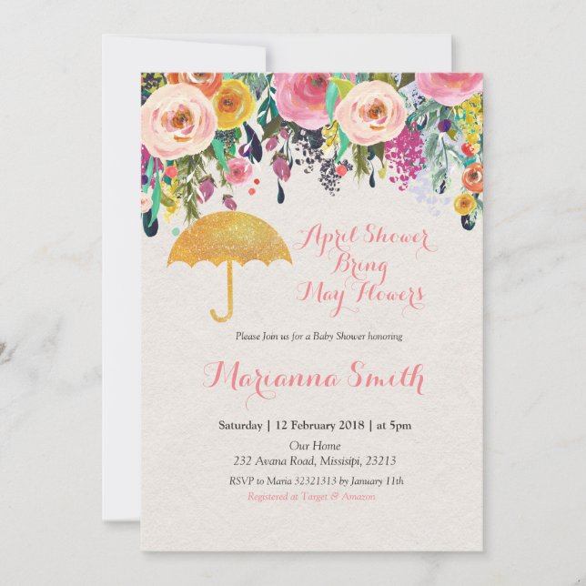 Invitación Dorado paraguas April Shower Bring May Flowers (Anverso)