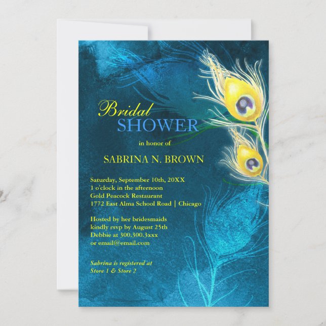 Invitación Dorado Peacock Fethers Blue Bridal Shower (Anverso)