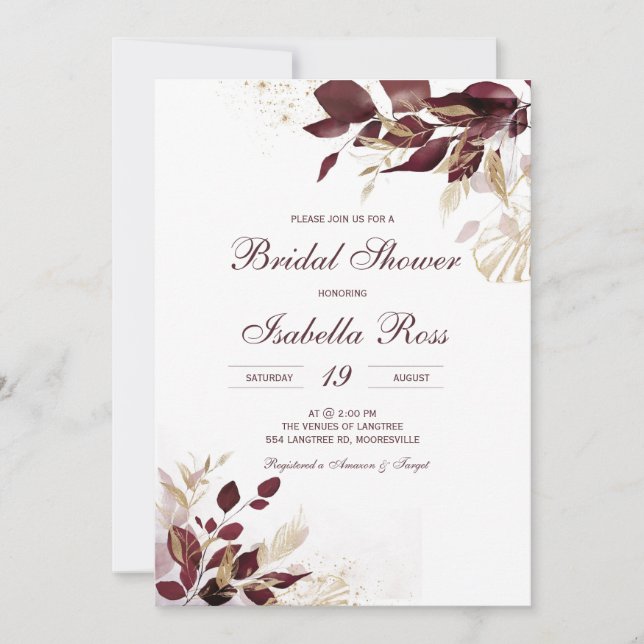 Invitación Dorado personalizado y ducha de novia borgoñona (Anverso)