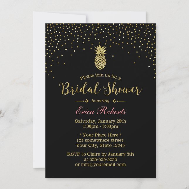 Invitación Dorado Pineapple Confetti moderno ducha de novia (Anverso)
