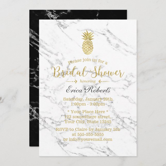 Invitación Dorado Pineapple Moderno Marble Bridal Shower (Anverso / Reverso)