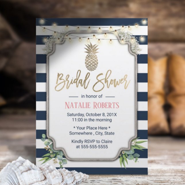 Invitación Dorado Pineapple Nave Blue Stripes Bridal Shower (Subido por el creador)