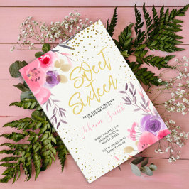 Invitación Dorado Pink Morple Floral Sweet Dieciséis Cumpleañ