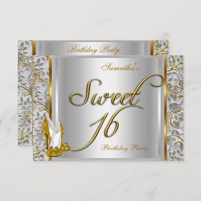 Invitación Dorado Plata Dulce Blanco Dieciséis Dulces 16 Fies (Anverso / Reverso)